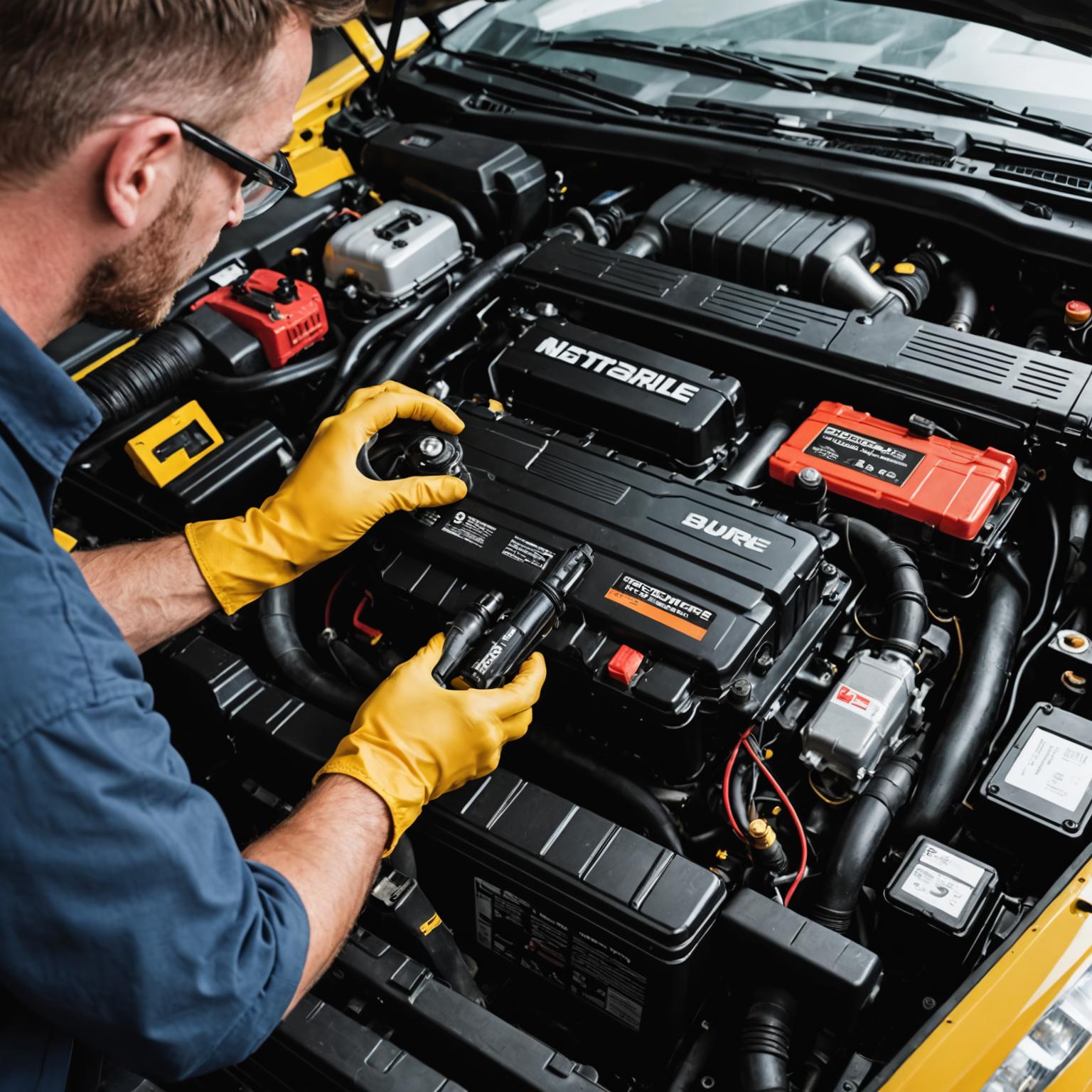 Mechanic installing a new car battery