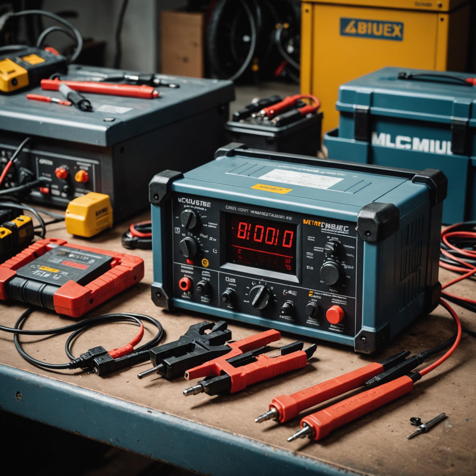 Battery and multimeter on a workshop bench