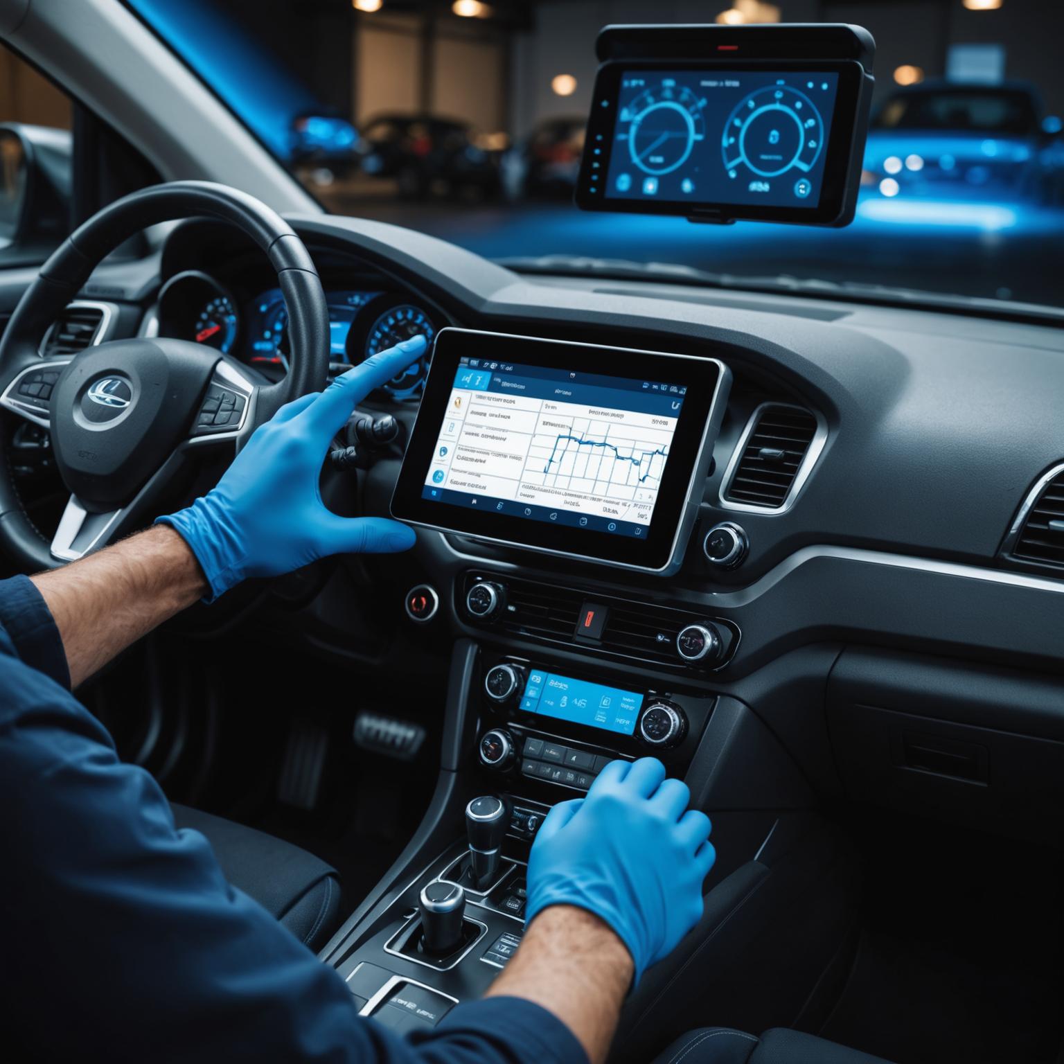 Technician using diagnostic tablet on a vehicle dashboard
