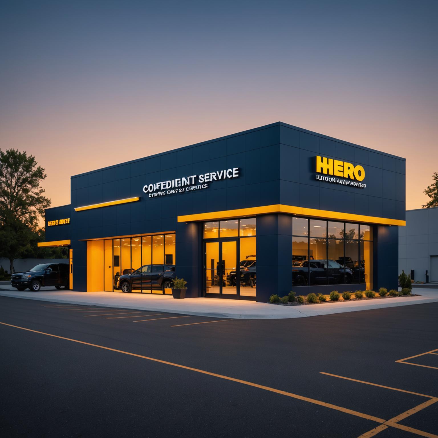 Synthark Auto Center storefront at dusk with amber signage