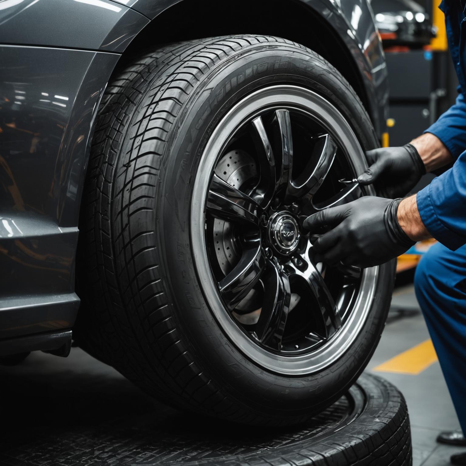 New tire being mounted on an alloy wheel