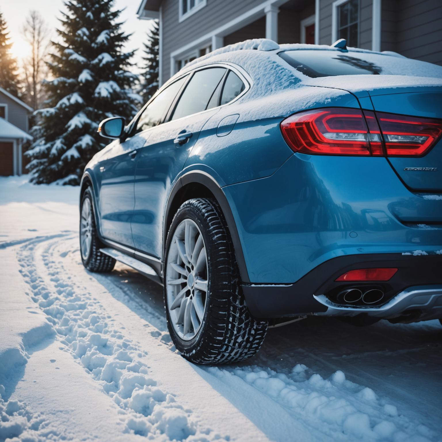 Snow tires on a car in a snowy driveway