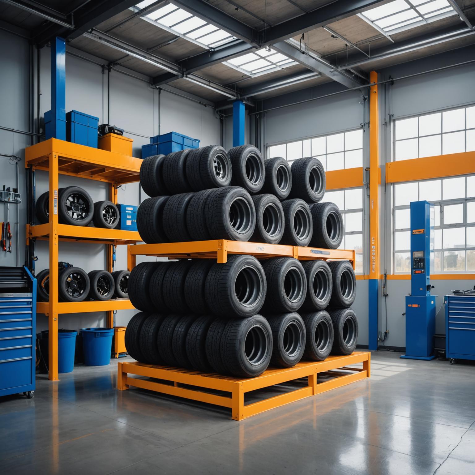 Inside the Synthark workshop with hydraulic lift and tire racks